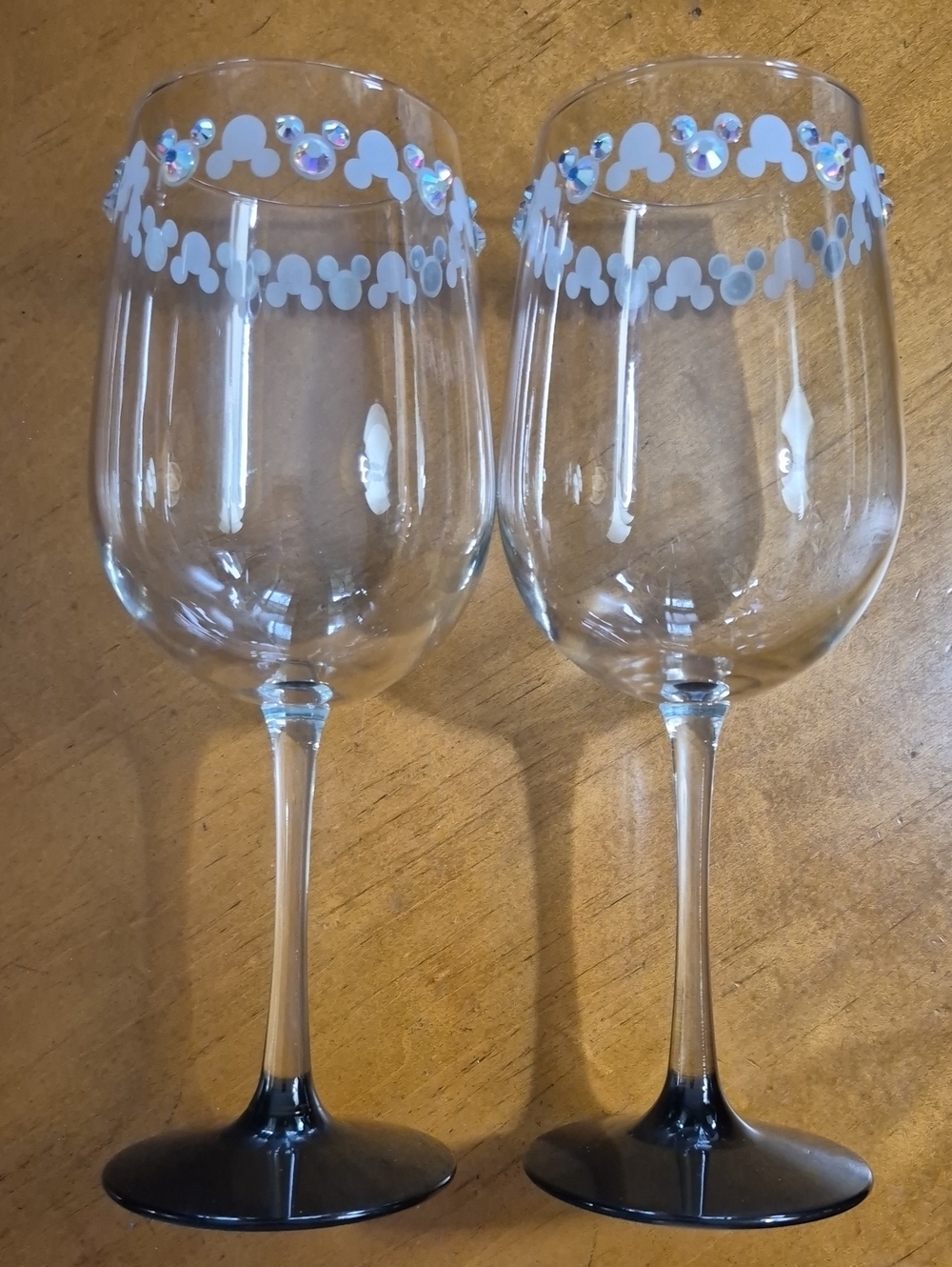 Crystal Wine Glass with White Mickey Head Pattern and Iridescent Gems. Pair of 2